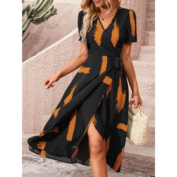 minimalist Brush Print Knot Side Wrap midi Dress black white - Picture 8 of 12